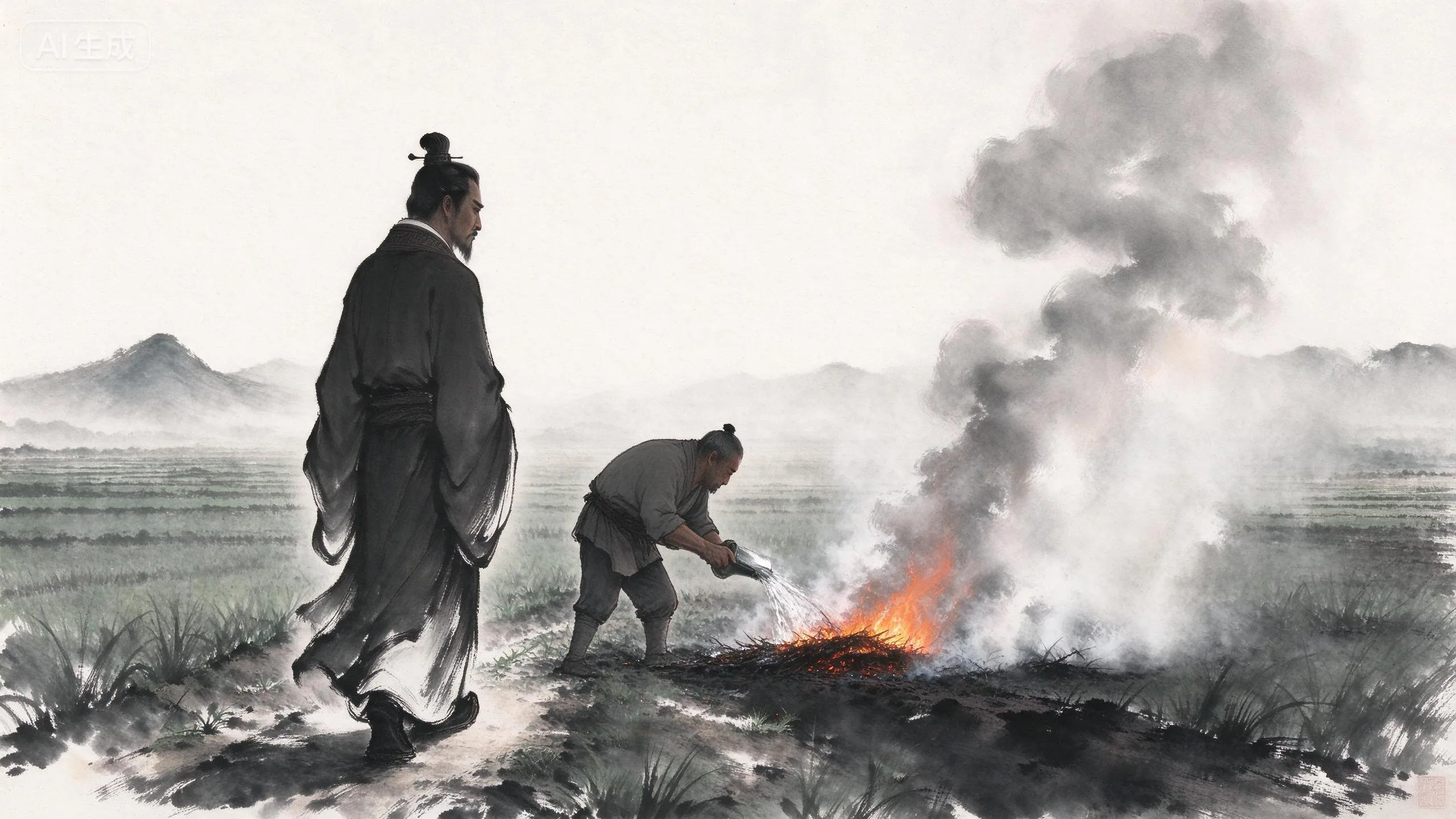 李冰在田间考察，农人烧荒耕作