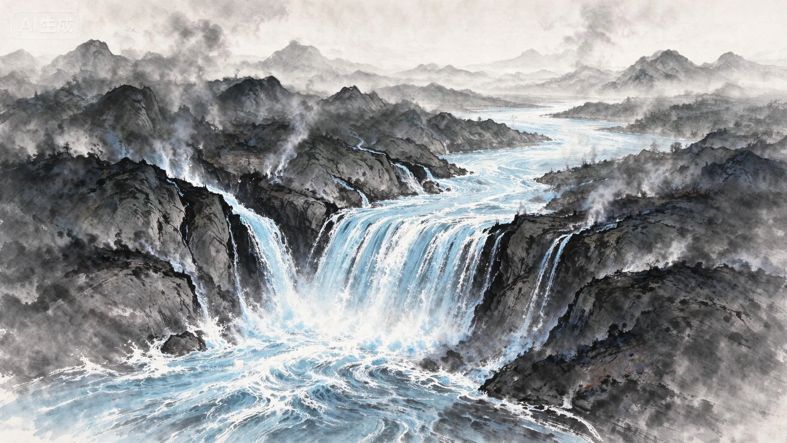 梦中劈山引水，山洪穿峡而下